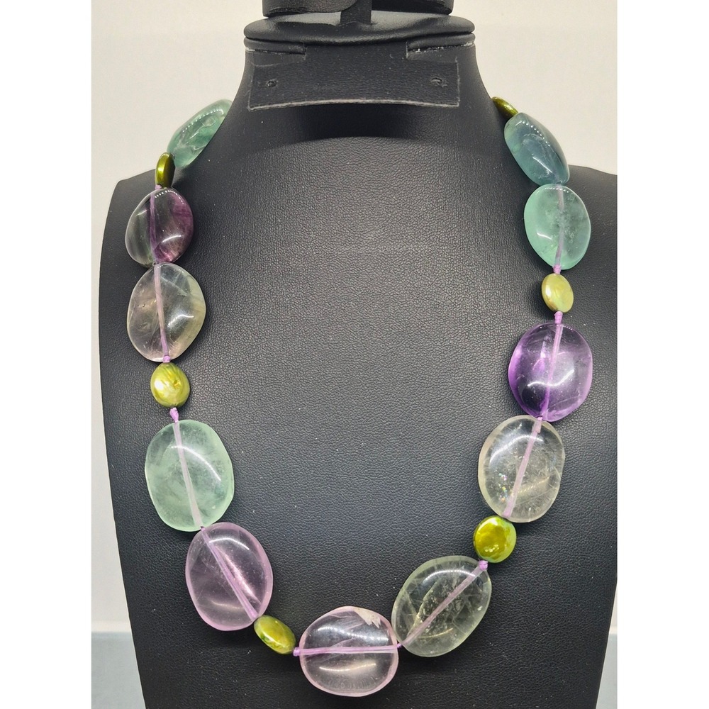 HSN Necklace Woman Fluorite Nuggets Coin Pearls Lavender Green Statement Jewelry
